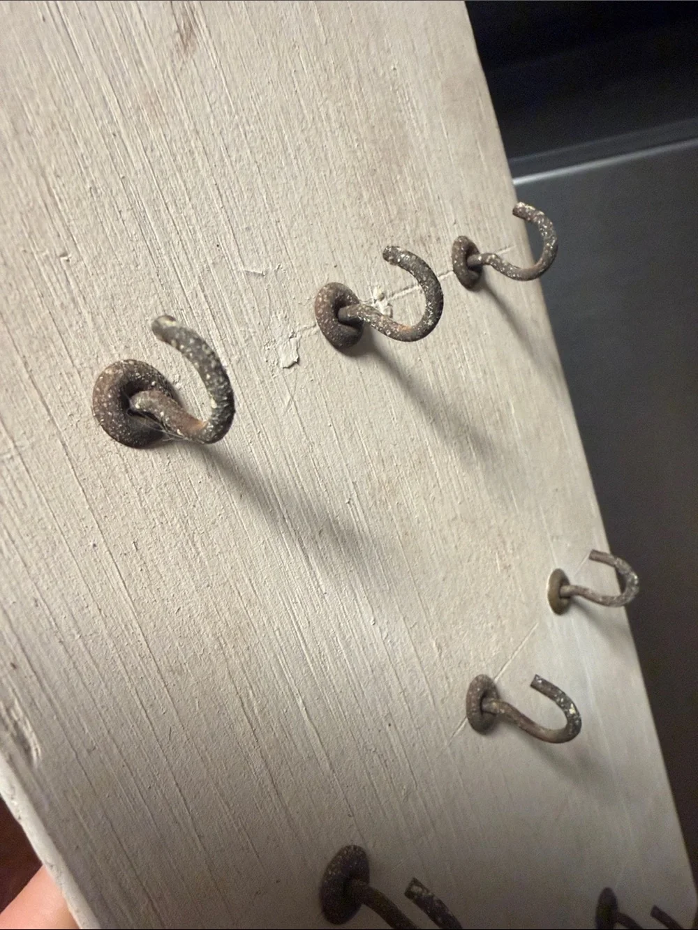 Rustic old worn Wooden Wall Hook Board in Cream with Black Hooks